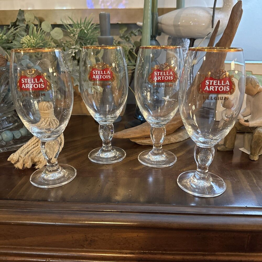 Set of 4 Stella Artois 40CL Gold Rimmed Beer Glasses Chalices